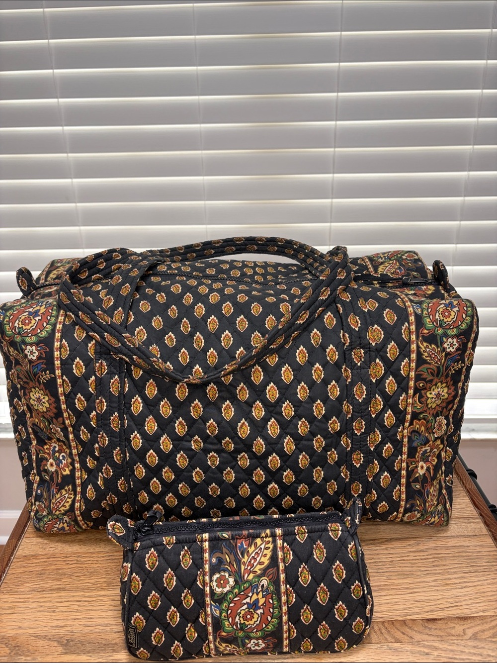 MaggiB Black XL Quilted Travel Duffel Bag with Matching Cosmetic Case